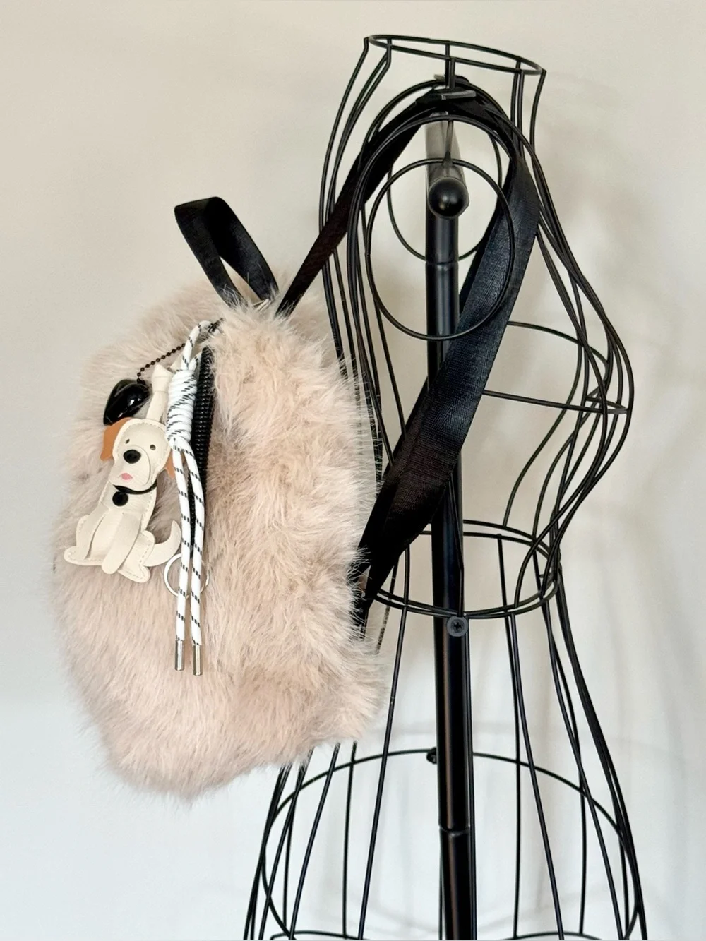 New Women’s Cream Color Soft Faux Fur Mini Backpack Purse w/ Dog Bag Charm